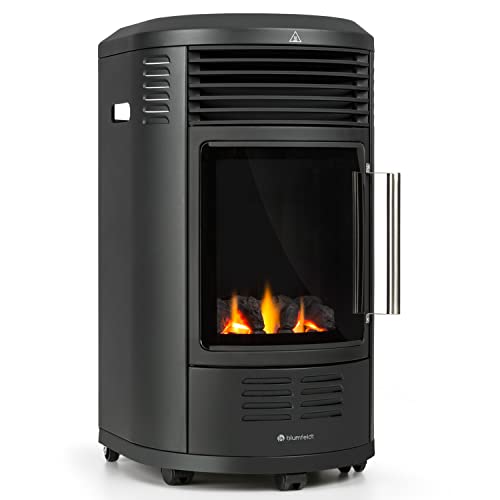 blumfeldt Andora Deluxe Gasheizofen - zwei Heizstufen mit 2 und 3,4 kW, Thermostat, bis 11 kg Gasflaschen, Heizfläche: bis 68 m², inkl. Schlauch und Druckminderer, Feuerschein, schwarz