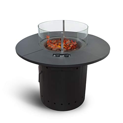 Zoomyo Meateor Feuertisch Ambiente mit 2 Gasbrennern, runde Feuerstelle mit Gas und Piezozündung für Außenbereiche, Feuertisch mit Glasschutz, inklusive Lavasteine und Schutzhaube (Schwarz)