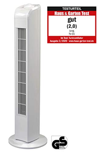 JUNG TV01 Ventilator leise 78cm 50W, Turmventilator weiß, ENERGIESPAREND, 75° Oszillation, Lüfter Standventilator für Schlafzimmer, Lautstärke max 48dbA, 3 Stufen