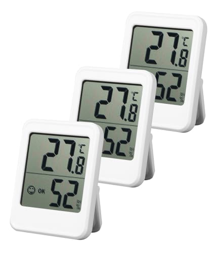 Birshe Thermometer Hygrometer,3 Stück Digital Hygrometer Innen Mini Thermo-Hygrometer Präzise Temperaturmessgerät Vertikale oder Wandmontage mit Smiley-Indikator für Wohnzimmer Büro Garage Gewächshaus