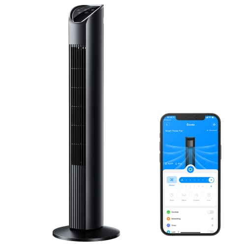 Govee WiFi Turmventilator Säulenventilator, 75° oszillierender Standventilator mit Alexa und Google Assistant, 8 Geschwindigkeiten, 3 Lüftungs-Modi, APP Steuerung, 24H Timer, leise Schwarz 97cm
