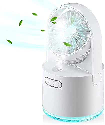 Mini Ventilator mit Kühlen Nebel, 2 in 1 Tragbarer USB Tischlüfter, Ventilator Schreibtisch mit Aufladbarem Batterie/3 Windmodi/7 Farben Nachtlichter, Tischventilator für Home, Office, Büro (Weiß)