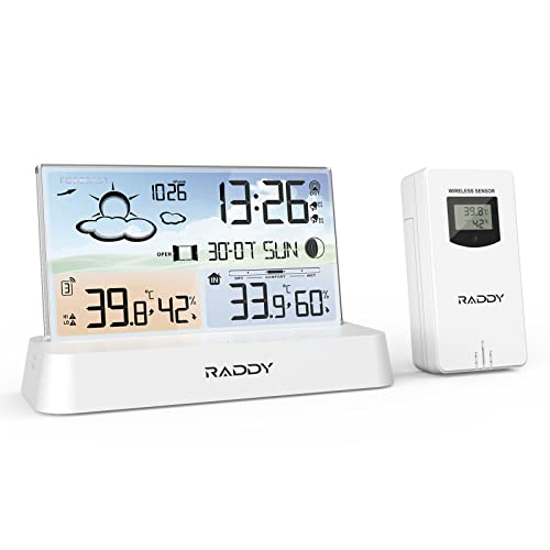 Raddy DT6 Wetterstation Indoor Outdoor, DCF Funkuhr, Digitales Farbdisplay Indoor und Outdoor Thermometer Hygrometer, Heim-Wetterstation mit Wettervorhersage und Barometer