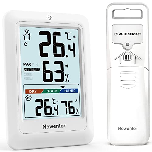 Newentor MAX MIN Thermometer innen außen 24/48 Std./alle Zeiten - Hygrometer Luftfeuchtigkeitsmesser mit Luftkomfort - Wetterstation Funk mit Außensensor - Raumthermometer innen mit Beleuchtung, Weiß
