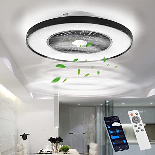 BKZO moderne Smart-LED-Deckenleuchte mit Ventilator, Deckenventilator mit Lampe, 24 Lüftungsgeschwindigkeiten, mühelose Lichtdimmung, 3000-5500 K, schwarzer Rahmen, 60CM