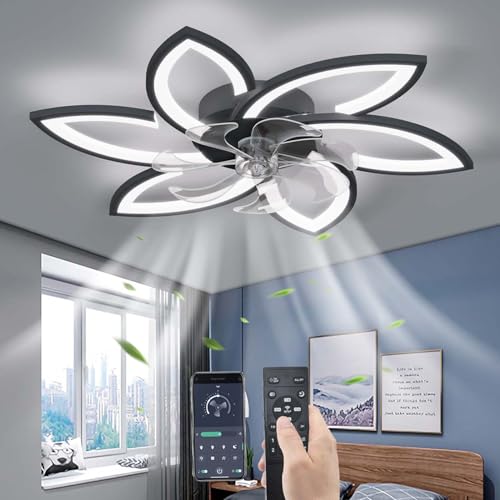 YUNZI Stumm Deckenventilator mit Beleuchtung mit Fernbedienung, LED Dimmbar Ventilator Deckenleuchte Modern Licht für Wohnbereich Schlafzimmer, Einstellbar 6 Geschwindigkeiten, Schwarz 78CM