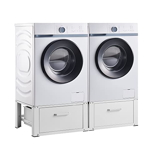 [en.casa] Waschmaschinen-Doppeluntergestell Heyen mit 2 Schubladen gummierte Füße Unterschrank 2-facher Sockel 2x150kg Stahl 127x54x31cm Weiß