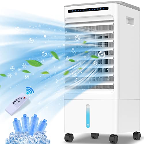 Mobile Klimaanlage 4 in 1 Klimagerät Luftkühler mit Wasserkühlung Ventilator Verdunstungskühler 7h Timer | 3 Modi | Oszillierend | 5L Aircooler Mit Fernbedienung 4 Kühlakku Negative Ionenfunktion