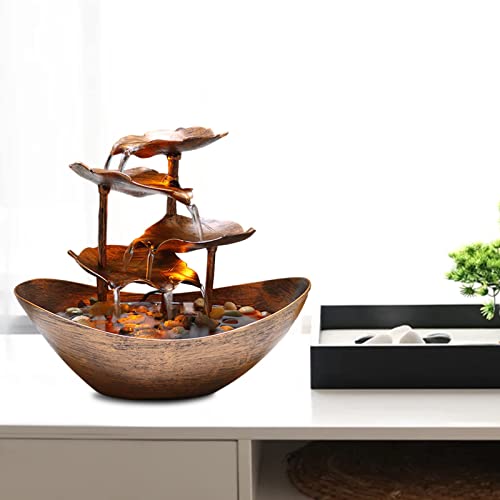 Zimmerbrunnen,4-stufiger Entspannungs Meditationsbrunnen,Gartenbrunnen Springbrunnen mit Led und Steinen,Blätter-Wasserspiel mit Pumpe,Desktop-Wasser-Brunnen,Wasserfall Deko,28x25 cm (Gold)
