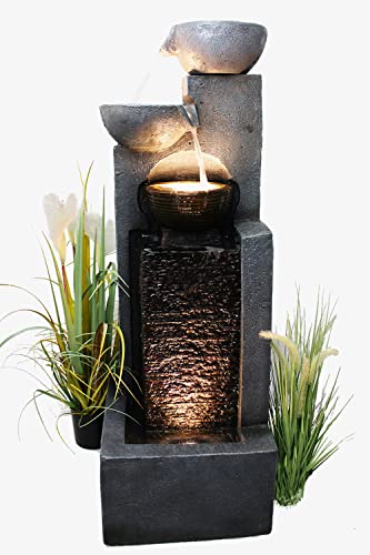 Arnusa Großer Gartenbrunnen mit LED Beleuchtung Springbrunnen Kaskade Wasserspiel Gartendekoration, Schwarz , Grau