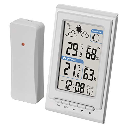 EMOS Mini Funk-Wetterstation mit Außensensor, mißt Innen- und Außentemperatur, Feuchtigkeit, Wettervorhersage, Funkuhr mit Wecker