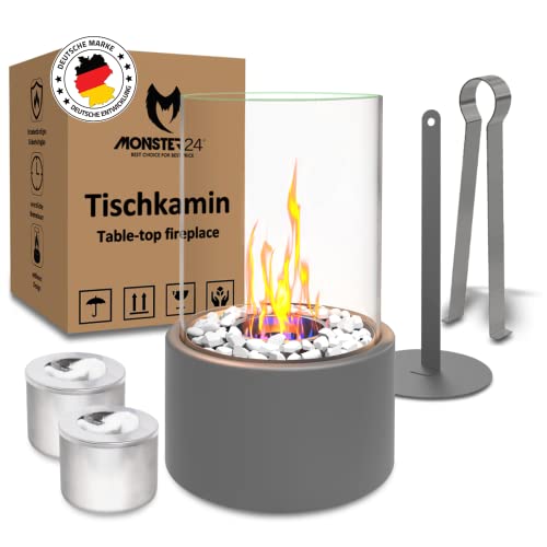 Monster24 Einzigartiger Tischkamin | Tischfeuer mit Deko Steinen und 2 Brennkammern für unendliche Brenndauer | Bio Ethanol Kamin Indoor & Outdoor | Balkon Deko | EN 16647:2015 Zertifiziert