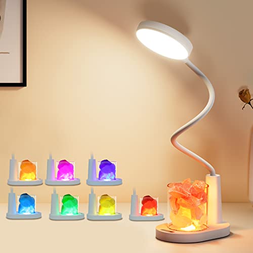 YAMYONE LED Schreibtischlampe mit RGB Salz Kristall Felsen, Akku Wiederaufladbare 3-Farben Eye-Caring Tischlampe, 360°Flexibler Schwanenhals mit Nachtlicht Nachttischlampe für Home Büro Schlafzimmer