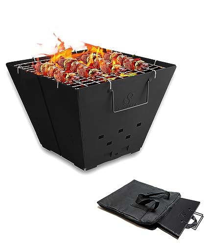 Snowpea - Tragbare Feuerstelle für Camping, Faltbare Feuerstelle, Outdoor-Feuerstelle mit Tragetasche, Eisen-Feuerschale für Picknicks, Lagerfeuer, Terrasse - Mit Grillrost