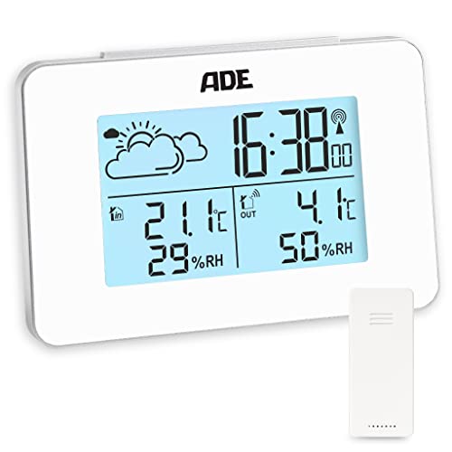 ADE Digitale Wetterstation Funk mit Außensensor | Innen und Außentemperatur | Luftfeuchtigkeitsmesser | animierte Wettervorhersage | Funkwecker mit Schlummerfunktion | weiß