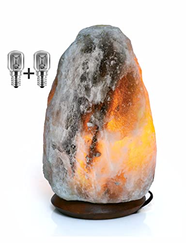 SalNatural Grau Salzkristalllampe (Salzlampe bekannt als Himalaya Salz) aus der Salt Range Punjab, Pakistan auf einem Edelholzsockel incl. 1.5m Kabel mit Lampenfassung und Schalter + 2x Glühbirnen 15W