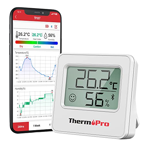 ThermoPro TP357 80m Bluetooth Hygrometer Innen Raumthermometer Digital mit APP Mini Luftfeuchtigkeitsmesser mit Smiley-Indikator Datengrafik für Innenraum, Büro, Weinkeller, Gewächshaus