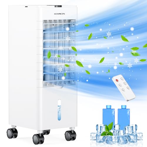 HONMICON Mobile Klimagerät | 3-in-1 Mobile Klimaanlage | Luftbefeuchter | Tragbarer Luftkühler | Ventilator | 1-12H Timer | Oszillierend | mit 4,5L Tank | 2 Kühlakku | Fernbedienung