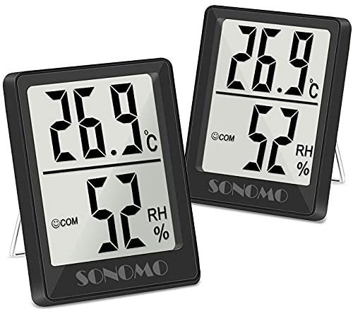 SONOMO Thermo-Hygrometer,2 Stück Digital Hygrometer Innen, Thermometer Innen Feuchtigkeit Hohen Genauigkeit,Für vertikale oder Wandmontage Luftfeuchtigkeitsmessgerät,Für Innenraum-(schwarz)