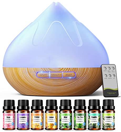 Aroma Diffusor Set für Ätherische Öle 500 ML ,Diffusor Für 8 x10 ML Ätherische Öle Mit Fernbedienung,14-Farben-LED, Fernbedienung Mit 4 Timer-Einstellung