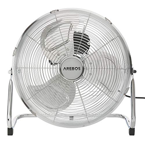 Arebos Bodenventilator Ø36 cm | Windmaschine Retro Stil | Ventilator | 3 Geschwindigkeitsstufen | hoher Luftdurchsatz | 100° einstellbarer Neigungswinkel | Chrom