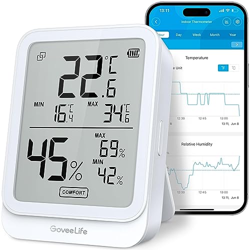 GoveeLife Digitales Thermometer Hygrometer Innen, Bluetooth LCD luftfeuchtigkeitsmesser mit Benachrichtigungsalarm, Temperaturüberwachung mit App, Datenspeicherung für Zuhause Gewächshaus Weinkeller
