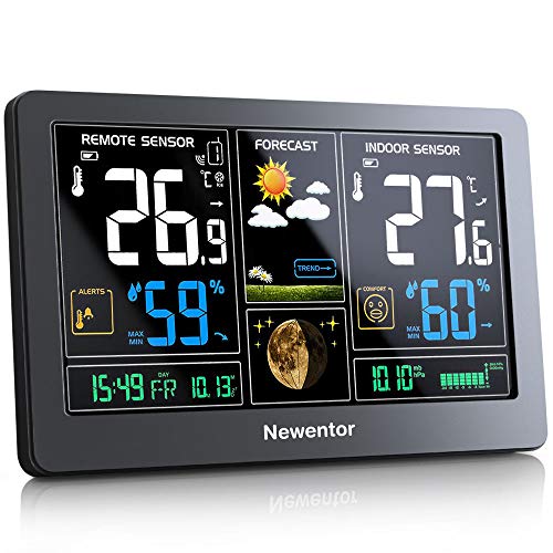Newentor Wetterstation Funk mit Außensensor - Funkwetterstation mit Wettervorhersage, Temperaturwarnung, DCF Funkuhr - Batteriebetrieb und Netzbetrieb, Schwarz
