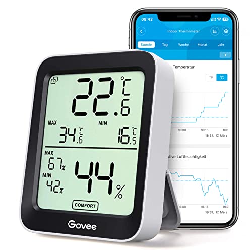 Govee Thermometer Hygrometer Innen, LCD Digital Temperatur luftfeuchtigkeitsmesser mit Benachrichtigungs Alarm, Präzise Thermo-Hygrometer mit APP, Datenspeicherung für Gewächshaus Weinkeller