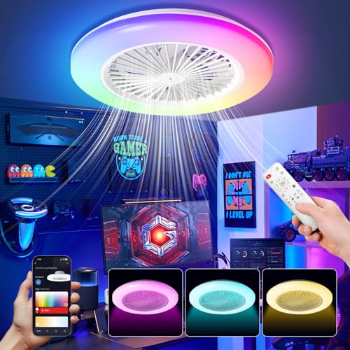 Lospitch Deckenventilator mit Beleuchtung φ49cm RGB LED Fan Licht mit Fernbedienung, Timer, 6 Geschwindigkeiten Stufenloses Dimmen Deckenventilator mit Licht