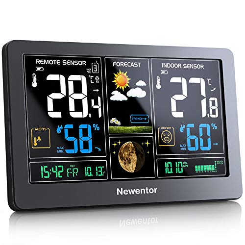 Newentor Wetterstation Funk mit Außensensor - Funkwetterstation mit Wettervorhersage, Temperaturwarnung, DCF Funkuhr - Batteriebetrieb und Netzbetrieb, Schwarz