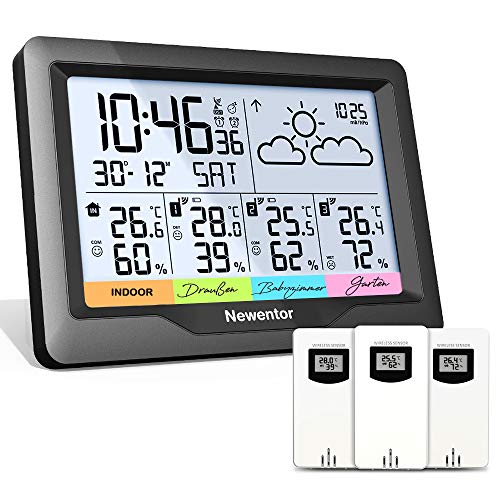 Newentor Wetterstation Funk mit 3 Außensensor Innen und Außen Thermometer Hygrometer DCF-Funkuhr Multifunktionale Funkwetterstation mit Wettervorhersage
