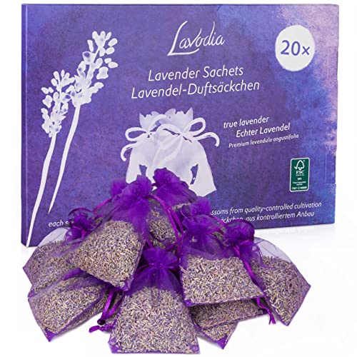 Lavodia Lavendelsäckchen mit Premium Lavendelblüten zum Mottenschutz gegen Motten im Kleiderschrank, 20x Lavendel Säckchen für Entspannung und Schlaf