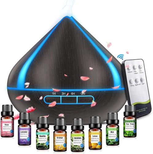 500 ml Diffusor für ätherische Öle mit 8 Ölen, Aromatherapie-Diffusor mit Fernbedienung, 4 Timer, Automatische Wasserlose Abschaltung, Schwarz