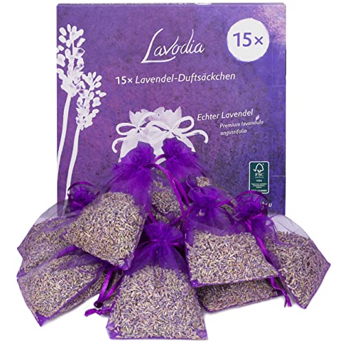 15x Lavendelsäckchen mit Premium Lavendelblüten von Lavodia, zum Mottenschutz gegen Motten im Kleiderschrank oder als Lavendel Duftsäckchen zum Entspannen und Schlafen, 15 Lavendel Säckchen