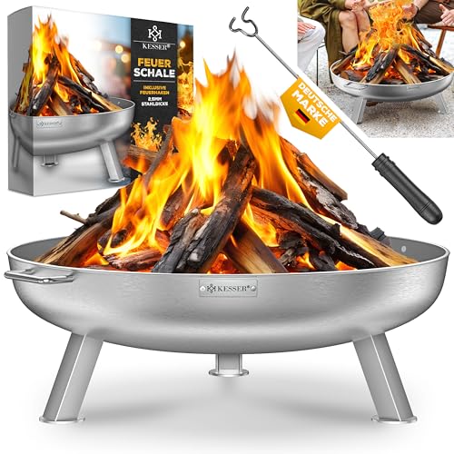 KESSER® Feuerschale 2,5mm Stahldicke | Feuerkorb Ø80cm legierter Stahl | Feuertonne +42cm Feuerhaken Gusseisen Wasserablauf & 2 stabile Griffe Holz & Kohle Feuerstelle für Lagerfeuer Garten & Terrasse
