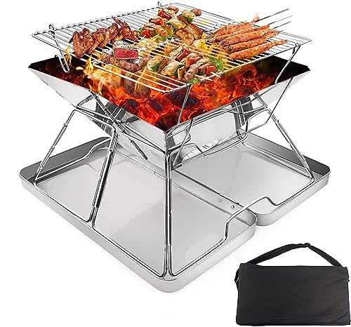 KAHEIGN Camping Holzofen Tragbar Edelstahl Camping-Grill, Faltbar BBQ Feuerstelle Grill für Camping Campingkocher aus Edelstahl mit Tragetasche für Camping Picknick BBQ