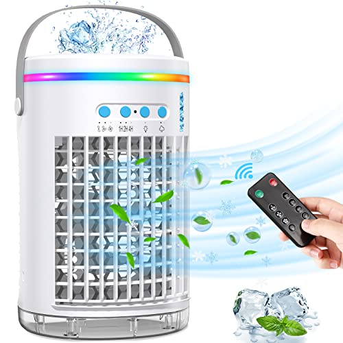 Hiktench Mini Klimaanlage Mobile Klimageräte, 4 in 1 Luftkühler USB Air Cooler Verdunstungskühler mit Wasserkühlung, Persönlich Ventilator mit Timer Fernbedienung für Zuhause Büro
